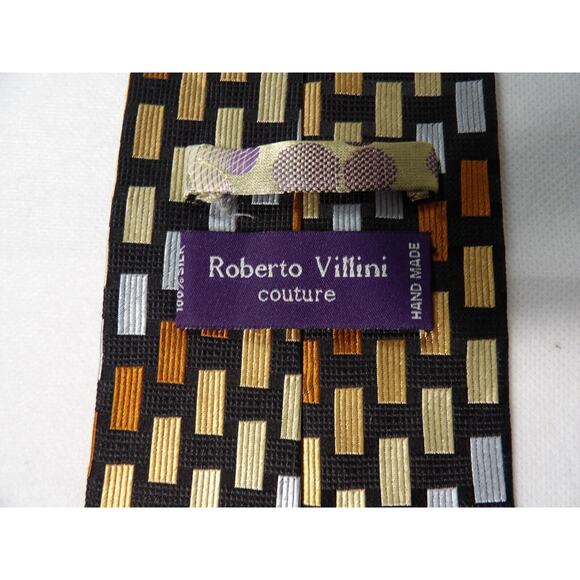 Roberto Villini Couture Mens Neck Tie Silk Geometric Rectangles Hand Made - Picture 2 of 8